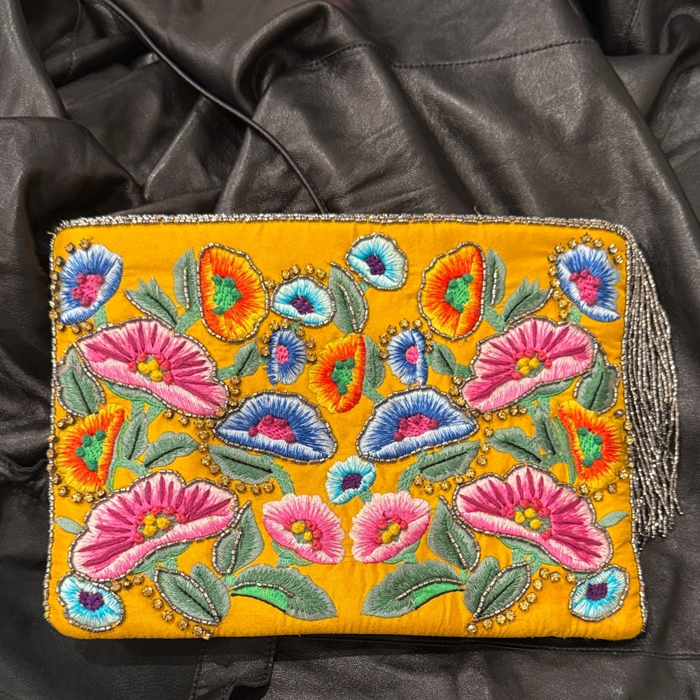 Zara Floral Embroidered Clutch with Fringe
